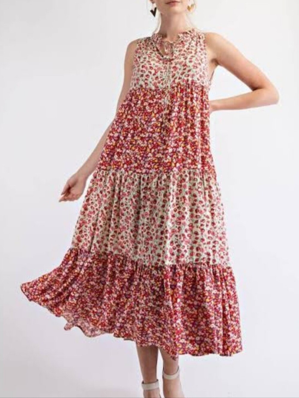 EASEL Mixed Floral Tiered Boho Maxi Dress Flowy Cottagecore Size L